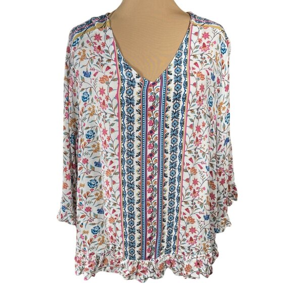 Cynthia Rowley Top Tunic Ruffle Trim Floral Size 1X Gold Pink Teal V-Neck - Picture 1 of 7